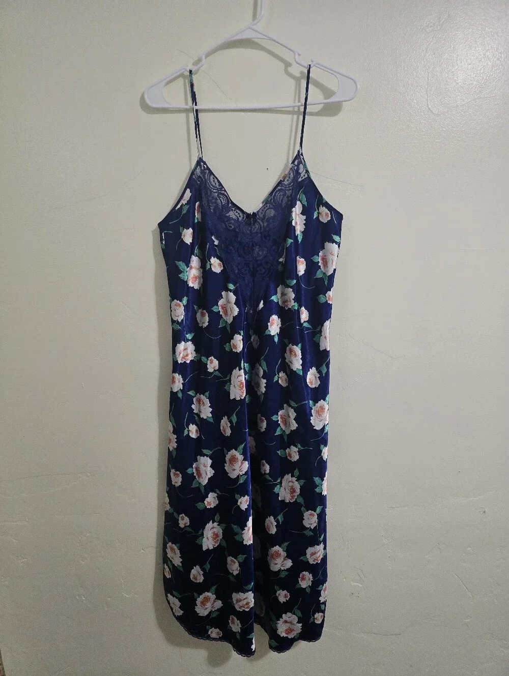 Vintage Deena Satin Lace Floral Midi Slip Dress Navy White Size L